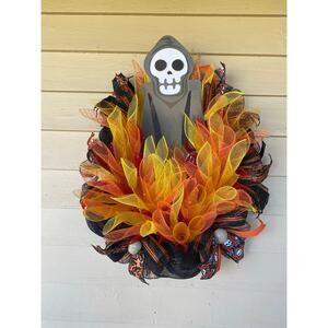 Grim Reaper Halloween Wreath | Fiery Light-Up Skeleton Door Decor 24” Handmade